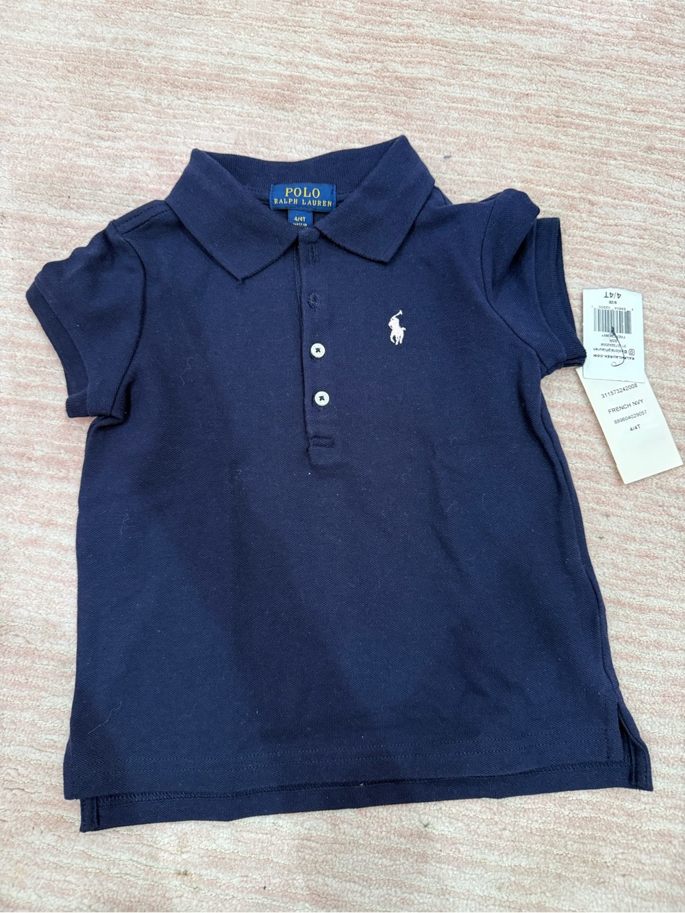 Ralph Lauren Girls' Navy Short Sleeve Polo with Light Pink Pony